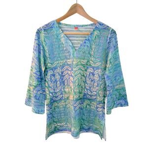 Before & Again Banded Bell Sleeve Top Blue Green Small